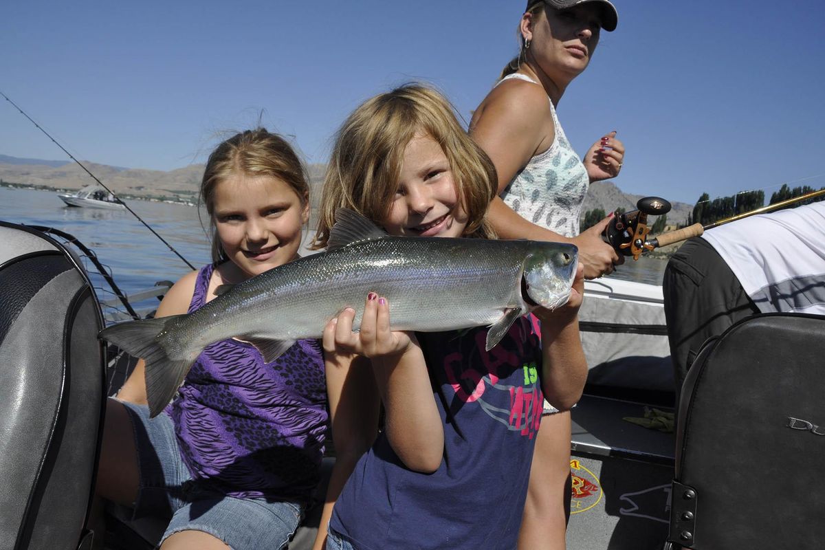 Katlynn, 6, holds a sockeye caught by her sister Mckayla, 10, on a family fishing trip with their father, Omak guide Jerrod Gibbons on the Columbia River near Brewster on July 1, 2015. RICH LANDERS richl@spokesman.com (Rich Landers / The Spokesman-Review)
