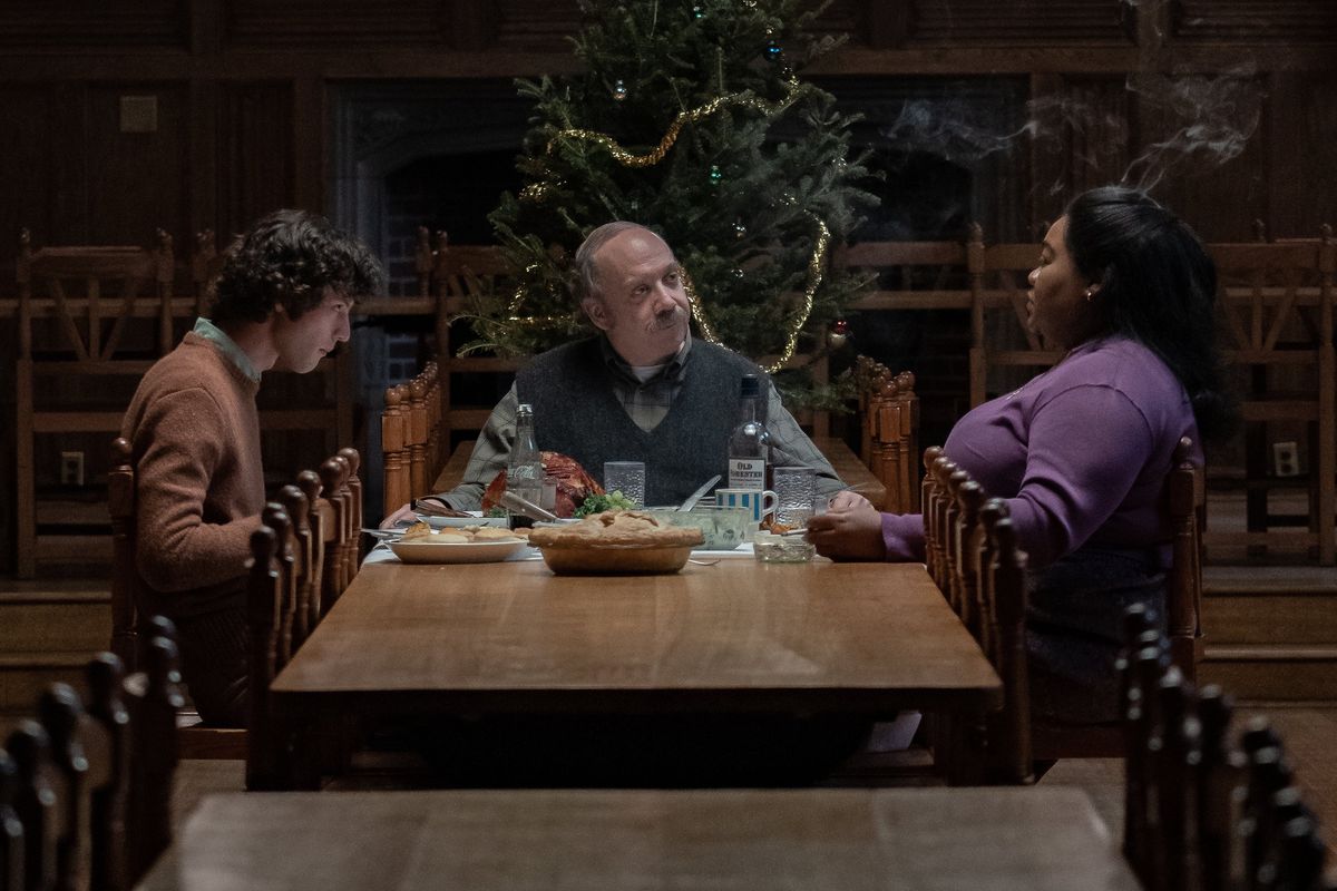 From left, Dominic Sessa, Paul Giamatti and Daâ€™Vine Joy Randolph in “The Holdovers.”  (Focus Features)