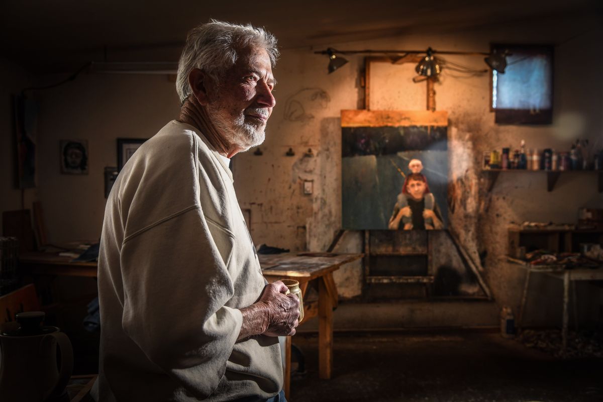 Artist Mel McCuddin pauses from work in his Spokane Valley studio, Oct. 22, 2018.  (DAN PELLE)