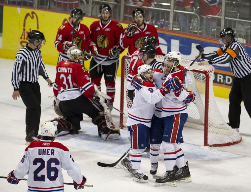 Spokane Chiefs celebrates Jared Cowen's goal against Portland Winterhawks in the first period during game 3 of WHL Western Conference finals in Spokane, Wash., Wednesday, April 27, 2011. (Colin Mulvany / The Spokesman-Review)