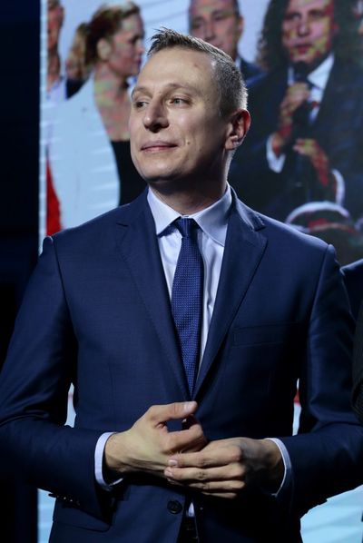 Polish Senator Krzysztof Brejza on the night of parliamentary elections on Oct. 13, 2019. An investigation by the Associated Press and Citizen Lab, a watchdog at the University of Toronto, has found that Brejza's mobile phone was hacked with military-grade Pegasus spyware nearly three dozen times in 2019 as he ran an opposition campaign to unseat the right-wing populist government in parliamentary elections. The ruling party won a slim majority and Brejza is convinced that the hacking of his phone gave it an unfair advantage.  (STR)