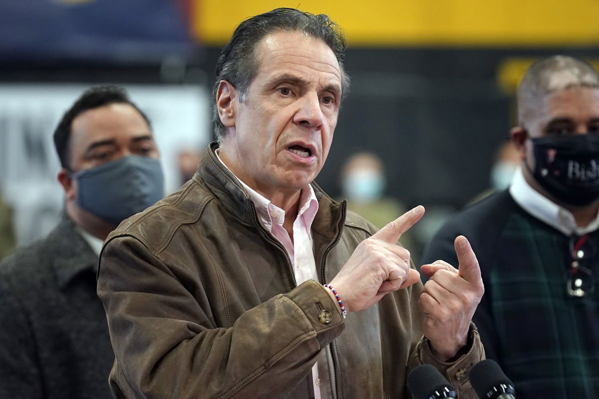 In this Feb. 22, 2021 photo, New York Gov. Andrew Cuomo speaks during a news conference at a COVID-19 vaccination site in the Brooklyn borough of New York. New York