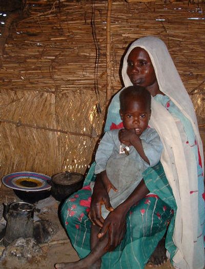 
Medina Khalil Arbab, who has temporarily returned to Borta village  in West Darfur, Sudan, in order to cultivate her crops, sits with her son Friday. 
 (Associated Press / The Spokesman-Review)