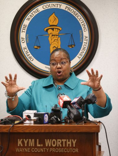 Wayne County Prosecutor Kym Worthy speaks during a news conference in Detroit on Monday. Worthy has filed charges against a police officer in the bloody arrest of a man who was pulled from his car during a Detroit-area traffic stop. (Associated Press)