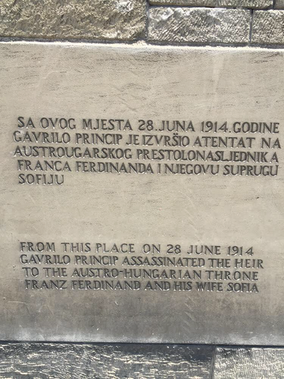 The official marker of where the assassin stood to shoot Archduke Franz Ferdinand and his wife Sophie (Photo by Gary Graham)