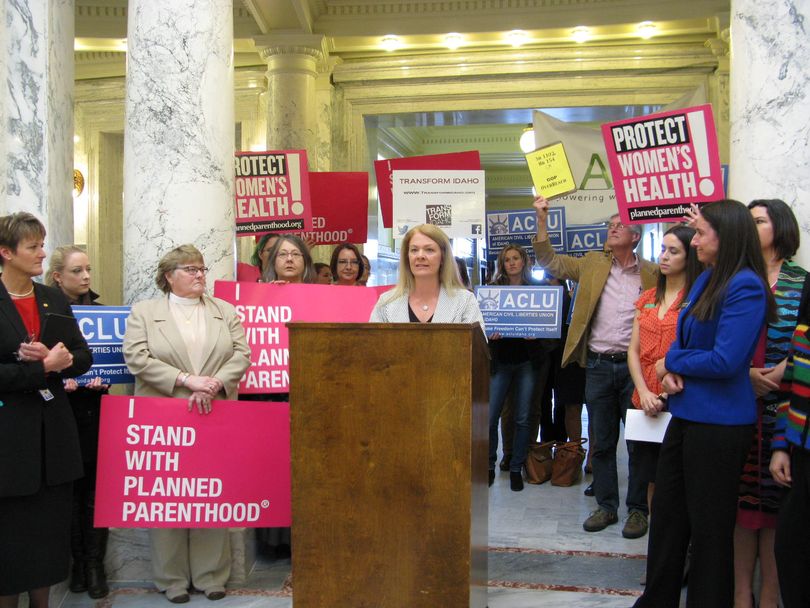 Dr. Julie Madsen speaks at a press conference/rally against two anti-abortion bills on Thursday in the rotunda of the state Capitol (Betsy Russell)