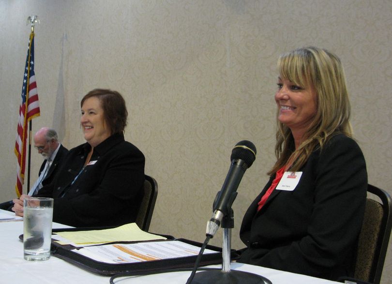 Jana Jones and Sherri Ybarra prepare to debate at the City Club of Boise on Friday (Betsy Russell)