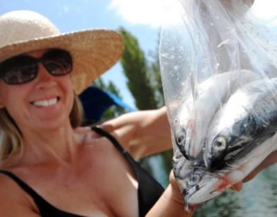 In this SR file photo, a Boise woman shows off the five kokanee salmon she reeled in from the Eastpoint area on the northern part of Lake Coeur d'Alene.  (Jesse Tinsley/SR file photo)
