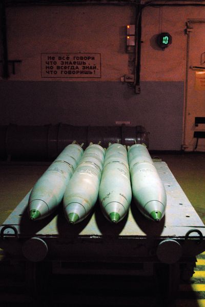 Mock-ups of Soviet nuclear missile warheads are part of the exhibit at Balaklava Bay.  (Gary A. Warner/Orange County Register/MCT)