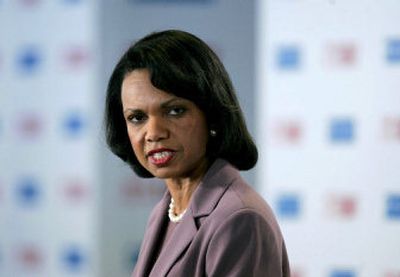
U.S. Secretary of State Condoleezza Rice delivers a lecture at a soccer stadium in Blackburn, England,  on Friday.
 (Associated Press / The Spokesman-Review)