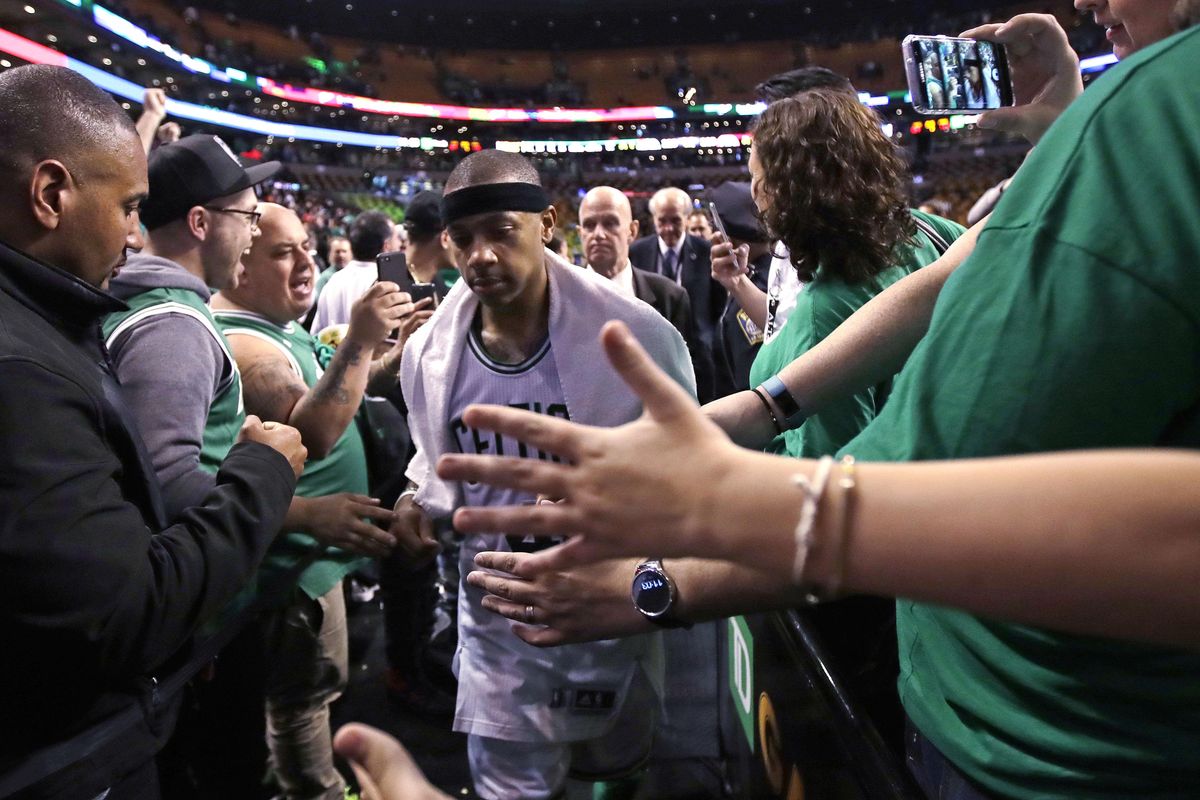 Boston Celtics guard Isaiah Thomas is congratulated by fans after a win against the Washington Wizards during a second-round NBA playoff series basketball game in Boston, Tuesday, May 2, 2017. Thomas scored 53 as the Celtics defeated the Wizards 129-119 in overtime, taking a 2-0 lead in the series. (Charles Krupa / Associated Press)