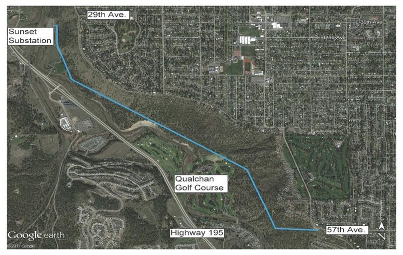 Map shows Avista's transmission line through Spokane's South Hill bluff. (Avista)