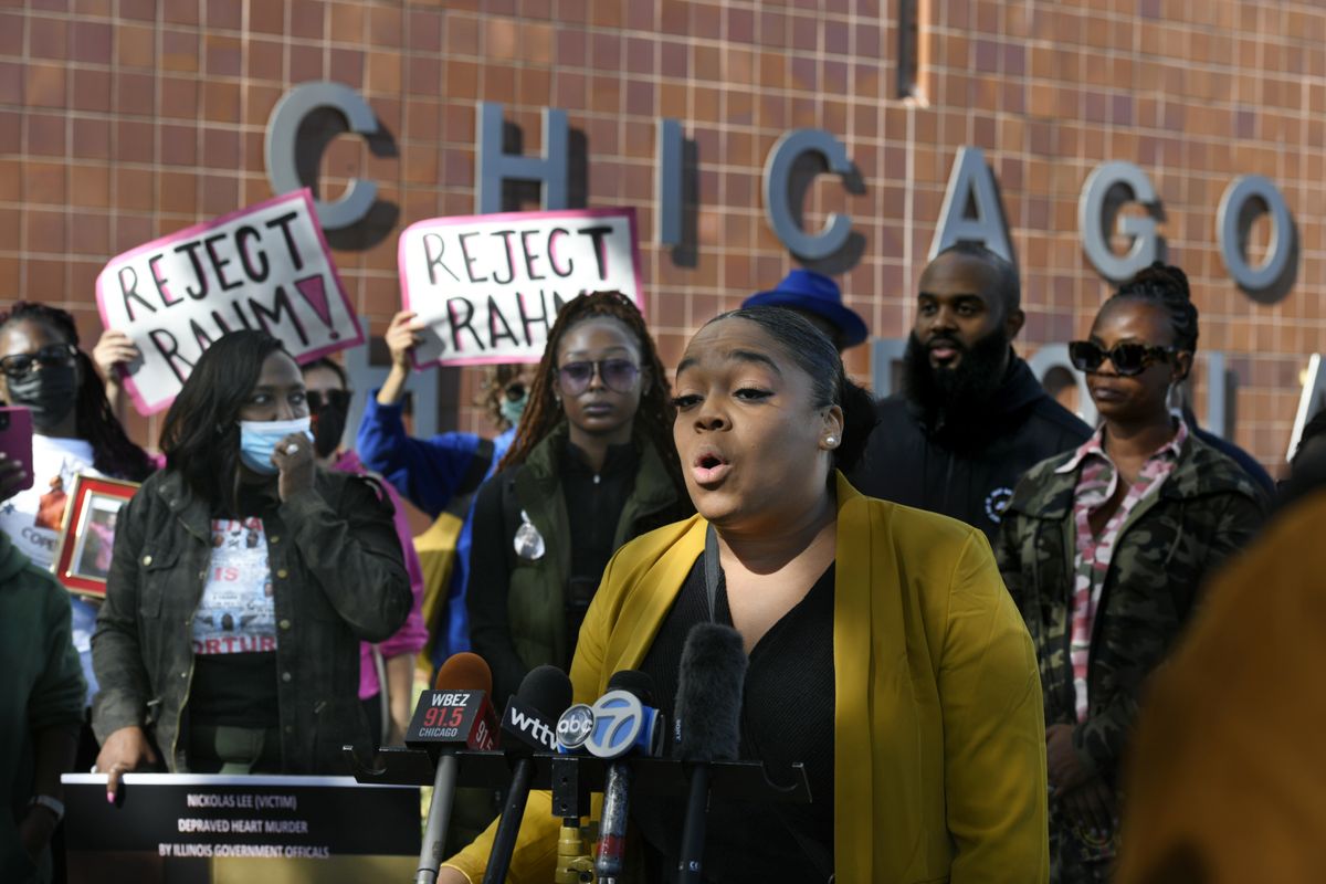 U.S. House Illinois District 7 candidate Kina Collins speaks during a rally to protest former Chicago Mayor Rahm Emanuel