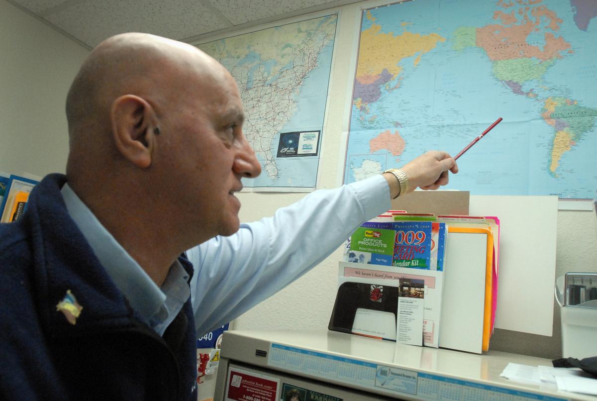 Mike Driscoll, 66, of Spokane, points to the area of the Pacific where his ship, the USS Yorktown, stood witness to a nuclear test in 1962. He wonders if some of his health problems stem from some kind of nuclear exposure.  (Jesse Tinsley / The Spokesman-Review)