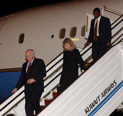 
Vice President Dick Cheney, left, arrives at Kuwait International Airport on Tuesday. The vice president was on a brief visit to the emirate to present his condolences on the death of Kuwait's Emir Sheik Jaber Al Ahmed Al Sabah to Kuwait's Prime Minister Sheik Sabah Al Ahmed Al Sabah. 
 (Associated Press / The Spokesman-Review)