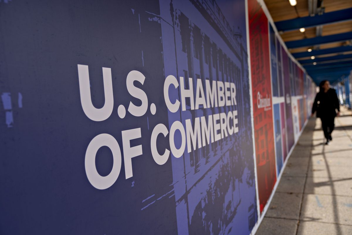 The U.S. Chamber of Commerce seal is displayed during restoration at the headquarters in Washington, D.C., in March 2020.   (Andrew Harrer/Bloomberg)