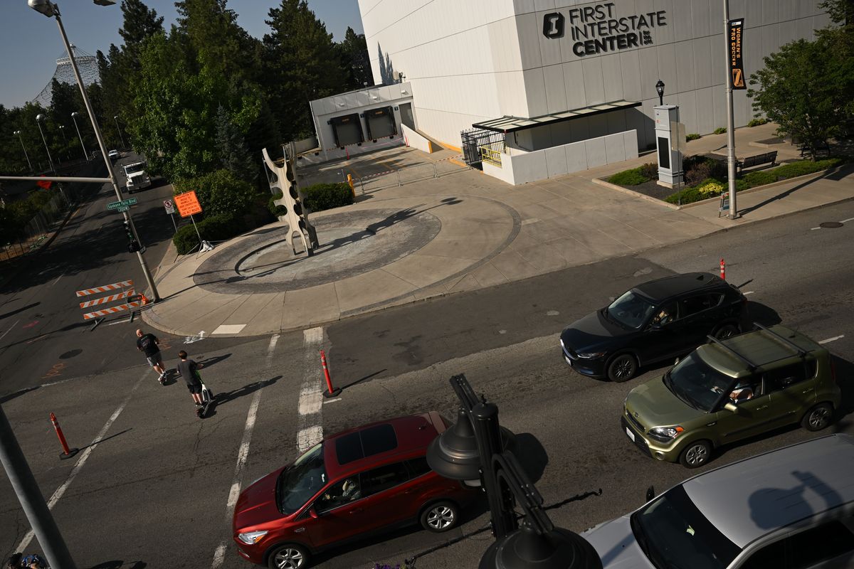 Spokane Falls Boulevard and the Interstate Center for the Arts are photographed from the Davenport Grand.  (Tyler Tjomsland/The Spokesman-Review)