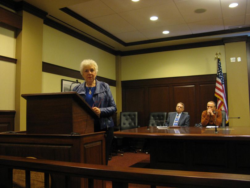 Former Idaho state schools Superintendent Marilyn Howard speaks at a Monday news conference in favor of an alternative state budget that would give more to schools; at right are former Supt. Jerry Evans and parent Mike Lanza. (Betsy Russell)