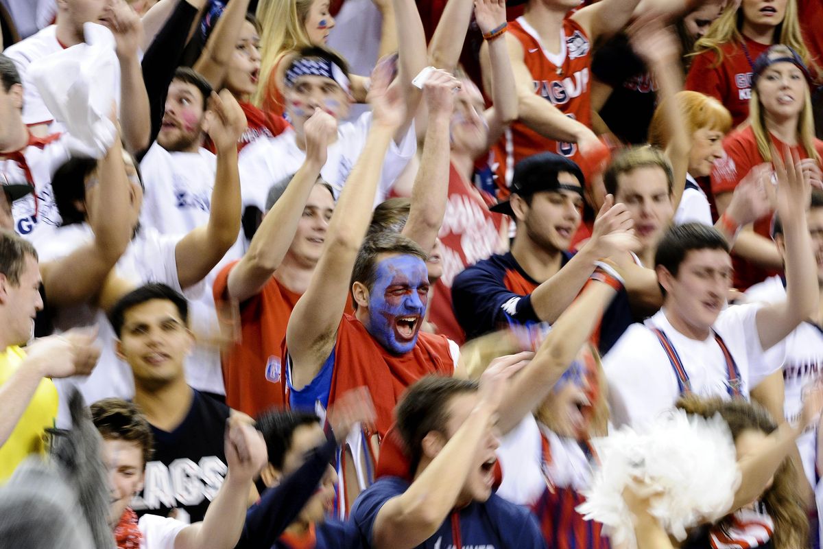 Gonzaga fans get amped up before the start of a college basketball game against Arizona on Saturday, Dec. 5, 2015, at McCarthey Athletic Center in Spokane, Wash. Arizona won the game 68-63. (Tyler Tjomsland / The Spokesman-Review)