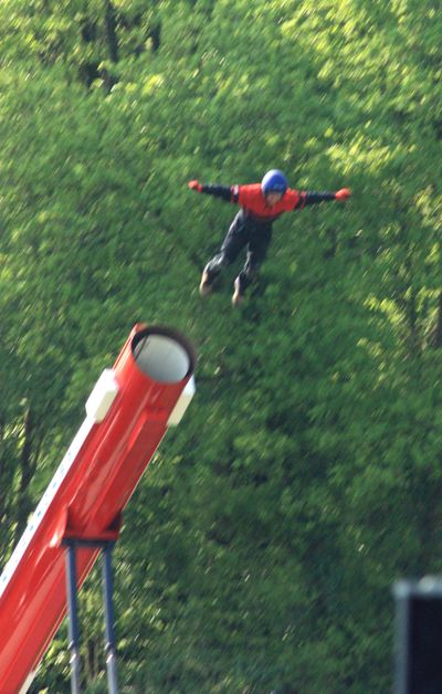 A human cannonball is propelled from the barrel moments before he died after a safety net failed during the stunt in Detling, England, on Monday. Police said the 23-year-old man has yet to be formally identified. (Associated Press)