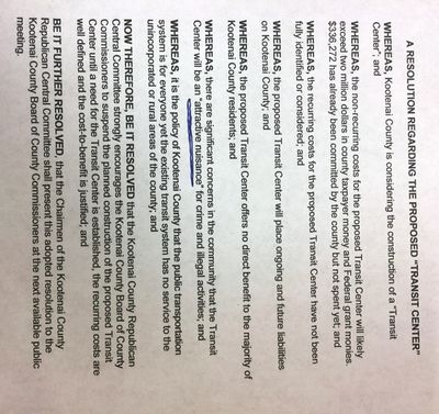 Kootenai County Republican Central Committee resolution that was passed last night, opposing a proposed CityLink bus transit at Riverstone.