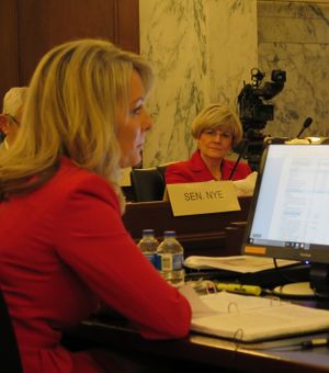 Idaho schools Superintendent Sherri Ybarra addresses the Joint Finance-Appropriations Committee on Thursday morning; at right is Sen. Janie Ward-Engelking, D-Boise. (Betsy Z. Russell)