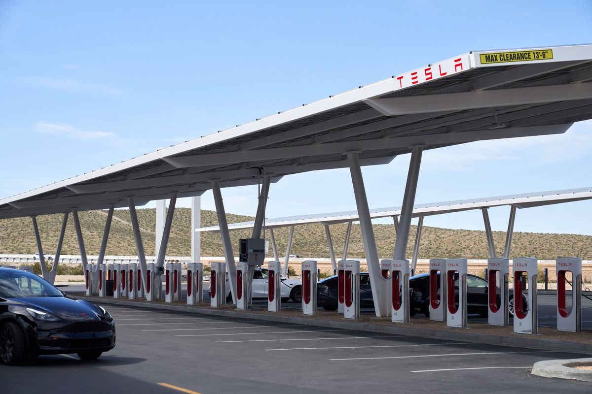 A Tesla Supercharger station in Barstow, Calif., March 11, 2024. No American business leader has more visibly and lavishly supported President-elect Donald Trump than Elon Musk, who has built businesses in high-tech manufacturing sectors like electric vehicles and solar panels — now targeted by Beijing for Chinese dominance.   (New York Times)