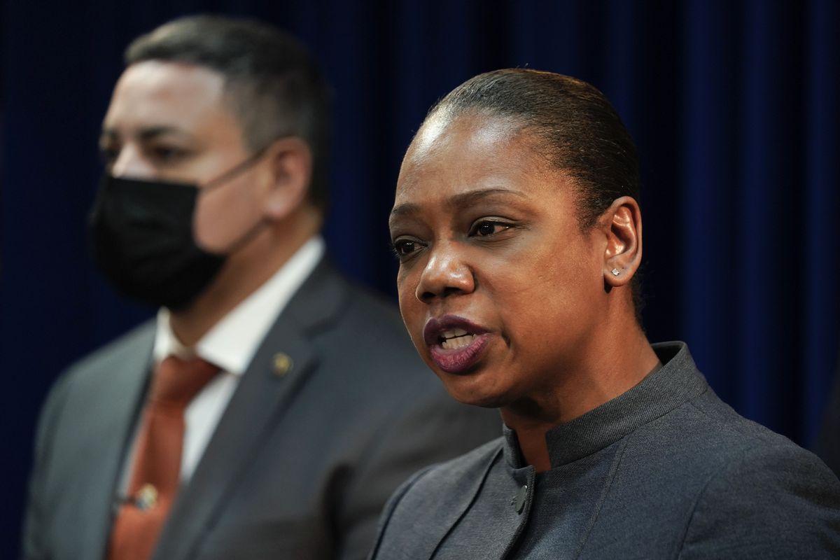 Police Commissioner Keechant Sewell speaks during a news conference after a gang bust in the Brooklyn borough of New York, Tuesday, Jan. 4, 2022. Sewell spent her entire policing career in suburban Long Island before recently becoming New York City