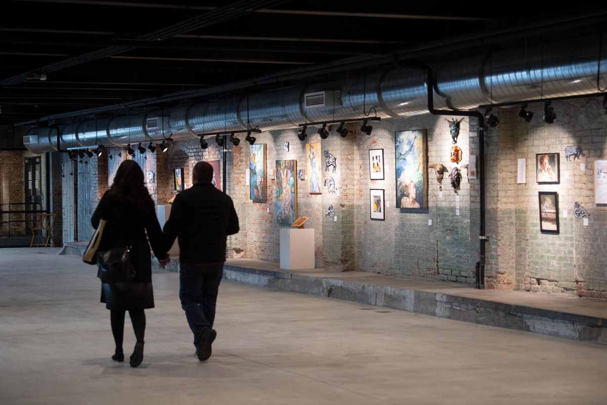 The loading dock of the historic Wonder Building, a longtime commercial bakery, is now used as an art gallery, shown Monday, Nov. 18, 2019. The Wonder Building has two food counters, High Tide Lobster Bar and Evans Coffee, and will have more in the future. (Jesse Tinsley / The Spokesman-Review)