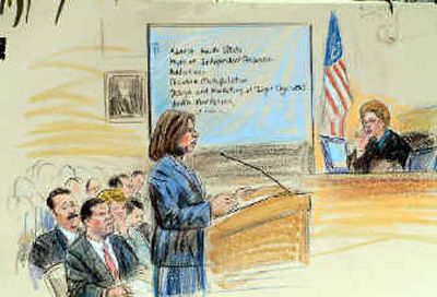 
Artist rendering of Justice Department attorney Sharon Eubanks in federal court in Washington on Tuesday, before Judge Gladys Kessler during the opening of the Justice Department's lawsuit seeking $280 billion from U.S. tobacco companies for alleged fraud. 
 (Associated Press / The Spokesman-Review)