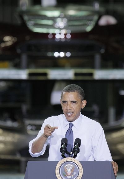 Obama speaks at the Ford Motor Co.  assembly plant in Chicago on Aug. 5.  (Associated Press)