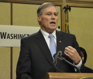 OLYMPIA-- Gov. Jay Inslee explains his Working Washington Agenda plan to increase jobs at a press conference. (Jim Camden)