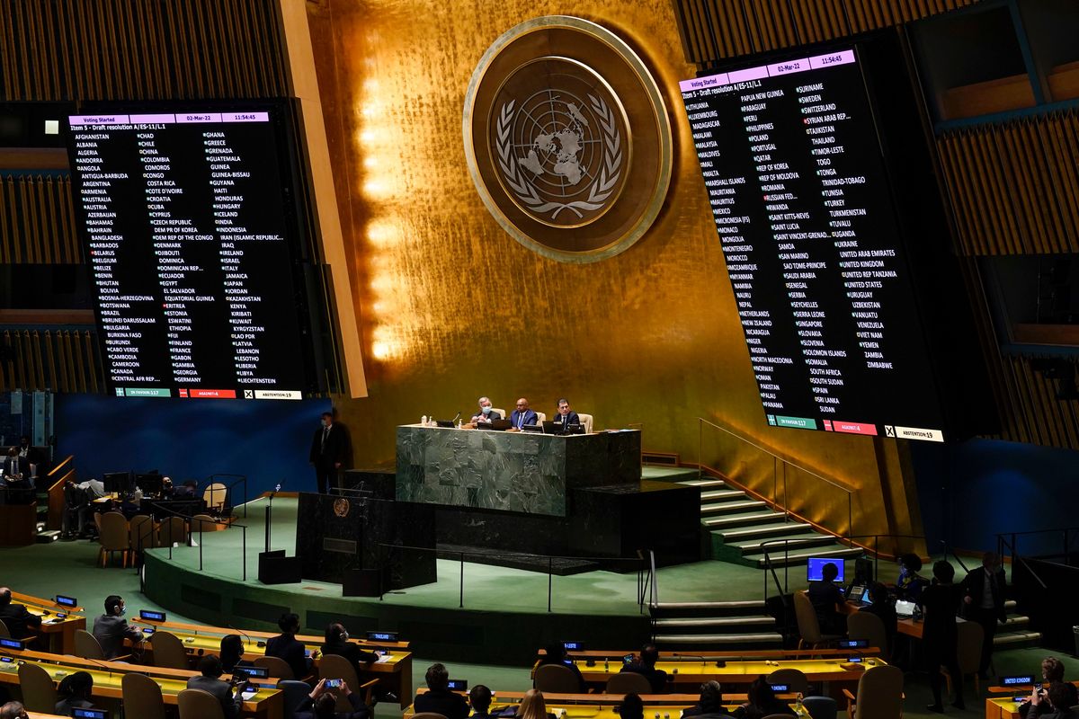 United Nations members vote on a resolution concerning the Ukraine during an emergency meeting of the General Assembly at United Nations headquarters, Wednesday, March 2, 2022.  (Seth Wenig)