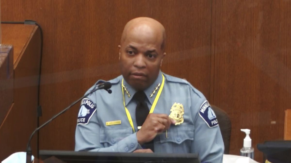 In this image from video, witness Minneapolis Police Chief Medaria Arradondo testifies as Hennepin County Judge Peter Cahill presides Monday, April 5, 2021, in the trial of former Minneapolis police Officer Derek Chauvin at the Hennepin County Courthouse in Minneapolis. Chauvin is charged in the May 25, 2020 death of George Floyd.  (POOL)