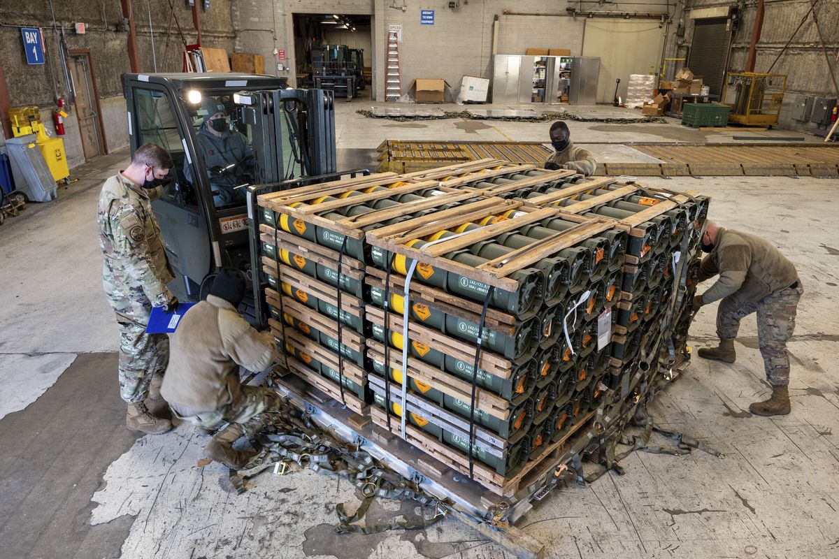 FILE - In this image provided by the U.S. Air Force, Airmen and civilians from the 436th Aerial Port Squadron palletize ammunition, weapons and other equipment bound for Ukraine during a foreign military sales mission at Dover Air Force Base, Del., on Jan. 21, 2022. Western weaponry pouring into Ukraine helped blunt Russia