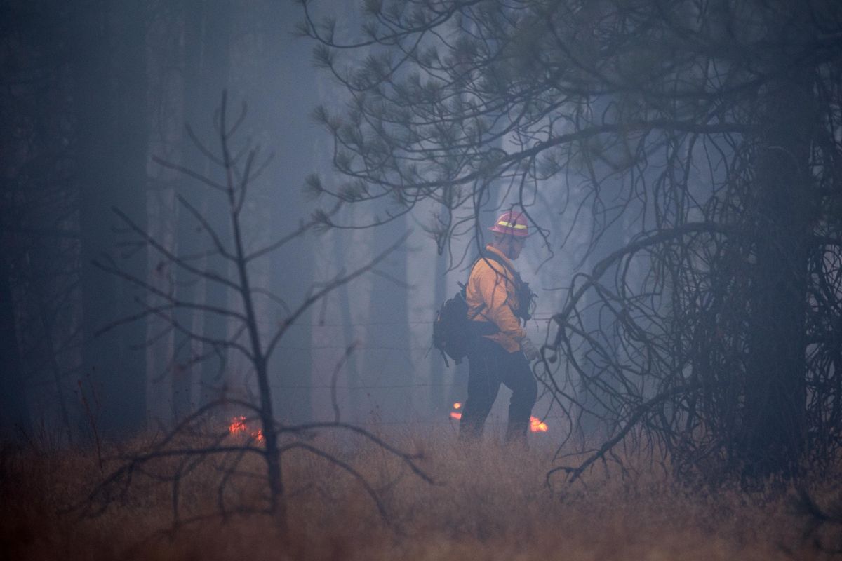 Crews respond to a brush fire Tuesday, Oct. 2, 2018, near the First and Mullinix area of Cheney, Wash. (Tyler Tjomsland / The Spokesman-Review)