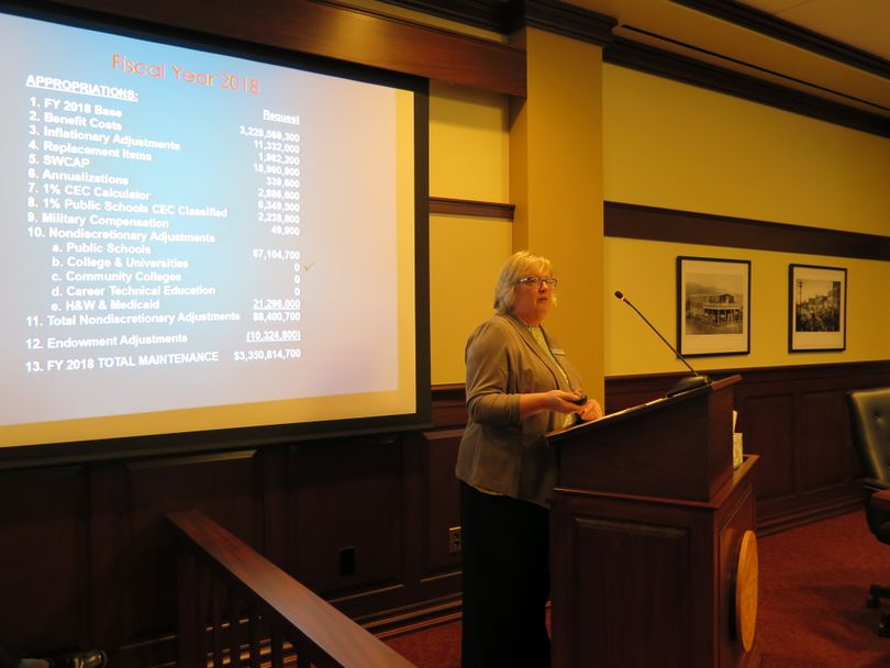 Legislative Budget Director Cathy Holland-Smith presents the latest state budget figures to the Idaho Legislative Council on Friday (Betsy Z. Russell)
