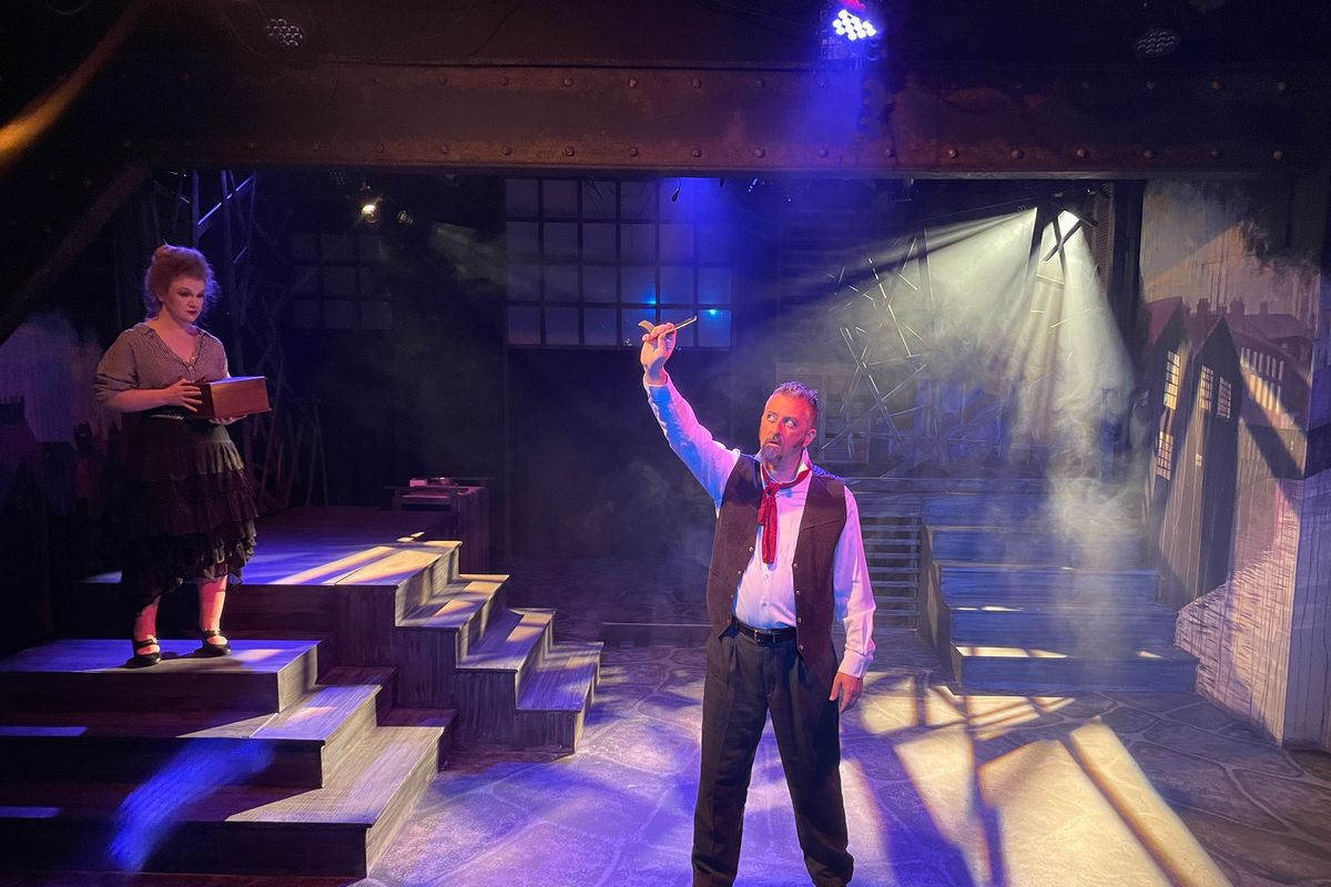 Erik Contzius performs as Sweeney Todd and Bridget Pretz as Mrs. Lovett in “Sweeney Todd: The Demon Barber of Fleet Street” at Stage Left Theater in 2023.  (Jeremy Whittington/Stage Left Theater)