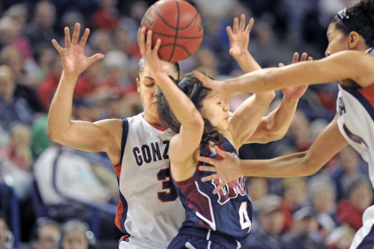 Haiden Palmer of Gonzaga, left, steps up to stop the dribble drive of Hazel Ramirez of Loyola Marymount with help from Jazmine Redmon. (Christopher Anderson)