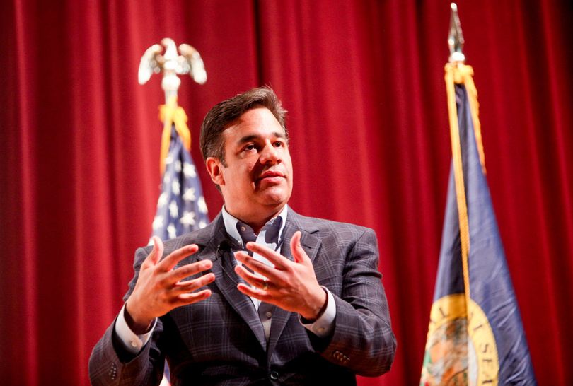 Labrador Town Hall U.S. Congressman Raul Labrador talks during a town hall at Meridian Middle School in Meridian, Idaho, Wednesday, April 19, 2017. Labrador is holding a town hall, the first of the state's congressional delegation to do so since the November election. (Kyle Green/Idaho Statesman via AP)