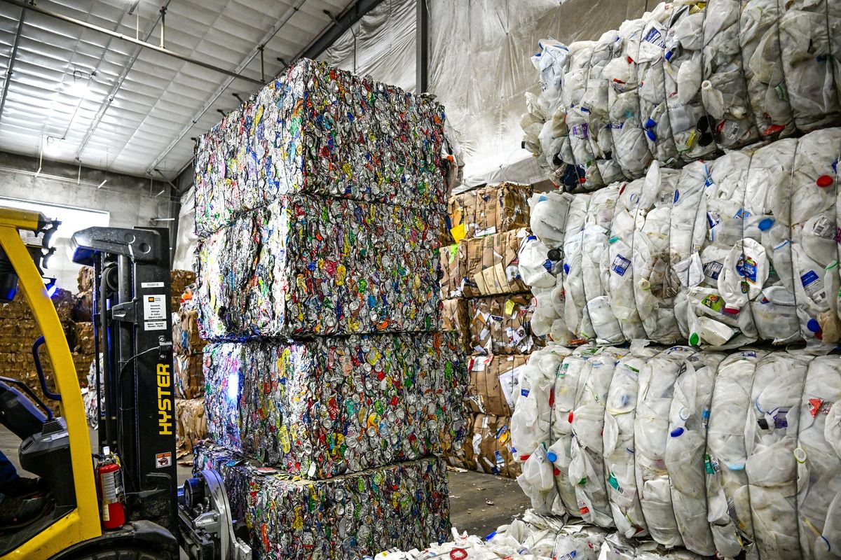 Sorted aluminum, plastic and cardboard recyclables are bundled and stacked April 21 for transport to facilities that buy them from Spokane County’s SMaRT, the Spokane Materials and Recycling Technology.  (Jesse Tinsley/THE SPOKESMAN-REVIEW)