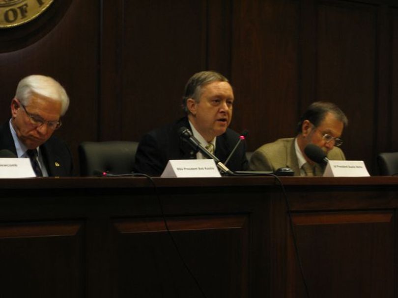 University of Idaho President Duane Nellis, center, addresses the AP Legislative Preview in Boise. At left is BSU President Bob Kustra; at right is Marty Peterson, special assistant to Nellis. (Betsy Russell)