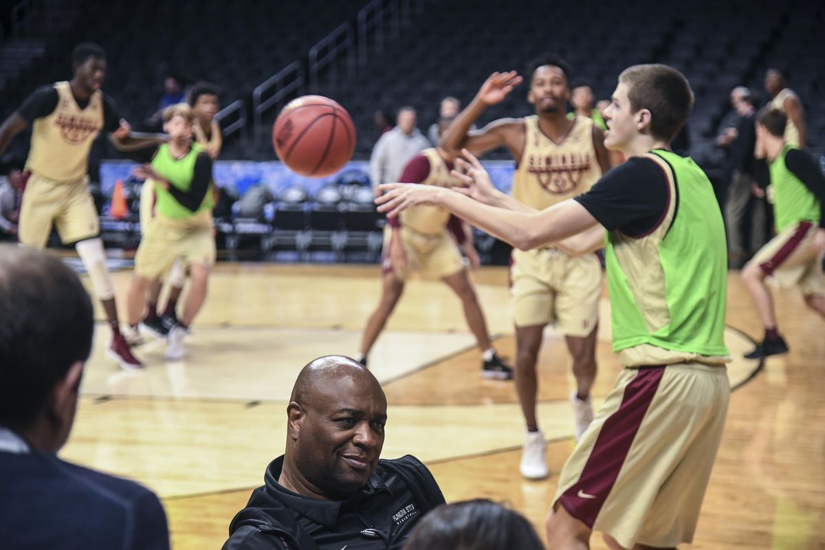 Florida State coach Leonard Hamilton visits with TV broadcasters during practice Wednesday  at the Staples Center in Los Angeles. (Dan Pelle / The Spokesman-Review)