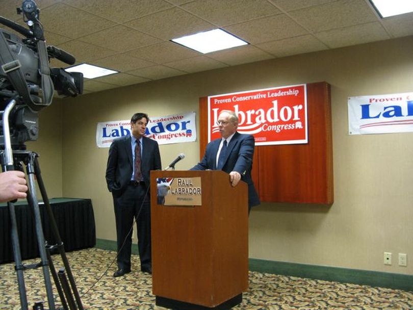 Retired INS agent Kent Nygaard speaks at a press conference with Idaho GOP congressional candidate Raul Labrador, left. (Betsy Russell)