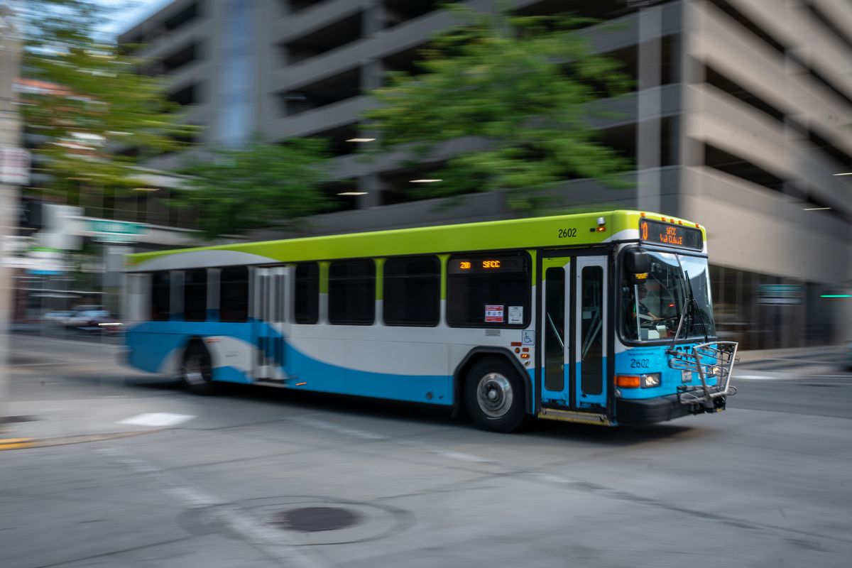 A Spokane Transit Authority bus arrives at the STA Plaza in August  (Colin Mulvany/The Spokesman-Review)