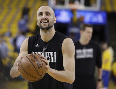 In this May 16, 2017, file photo, San Antonio Spurs’ Manu Ginobili warms up for Game 2 of the the team’s NBA basketball Western Conference final against the Golden State Warriors, in Oakland, Calif. Ginobili announced on Wednesday, July 19, 2017, that he will play a 16th season with the Spurs. The Argentine guard who turns 40 next week made the announcement with a brief message on his Twitter account. (Marcio Jose Sanchez / Associated Press)