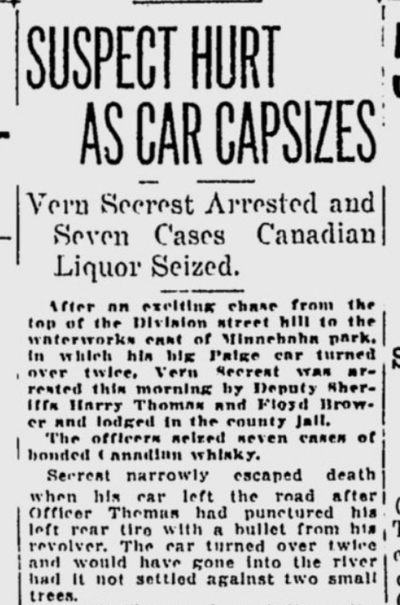 On this day 100 years ago, Vern Secrest led Spokane police on a car chase to Minnehaha and back after authorities spotted what appeared to be several sacks of liquor in his vehicle.  (S-R archives)