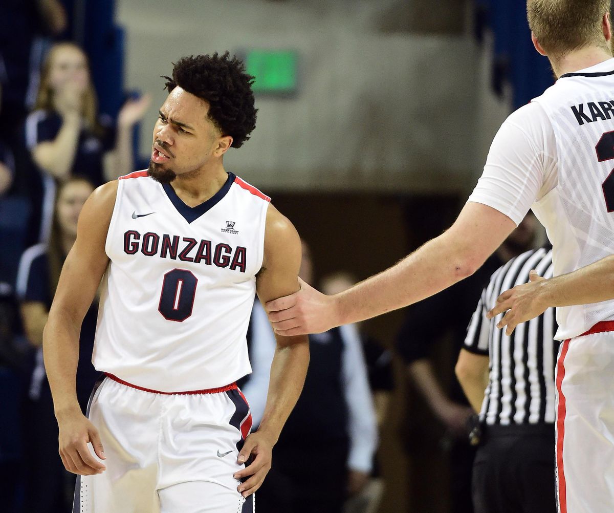Gonzaga guard Silas Melson (0) reacts after a foul call during the second half of a college basketball game in the McCarthey Athletic Center, Fri., Nov. 11, 2016. Nelson was top scorer for the Zags with 17 points. (Colin Mulvany / The Spokesman-Review)