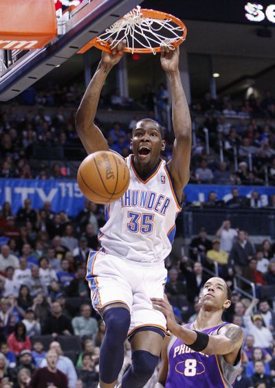 Kevin Durant scored 28 points in Oklahoma City’s loss to Phoenix. (Associated Press)