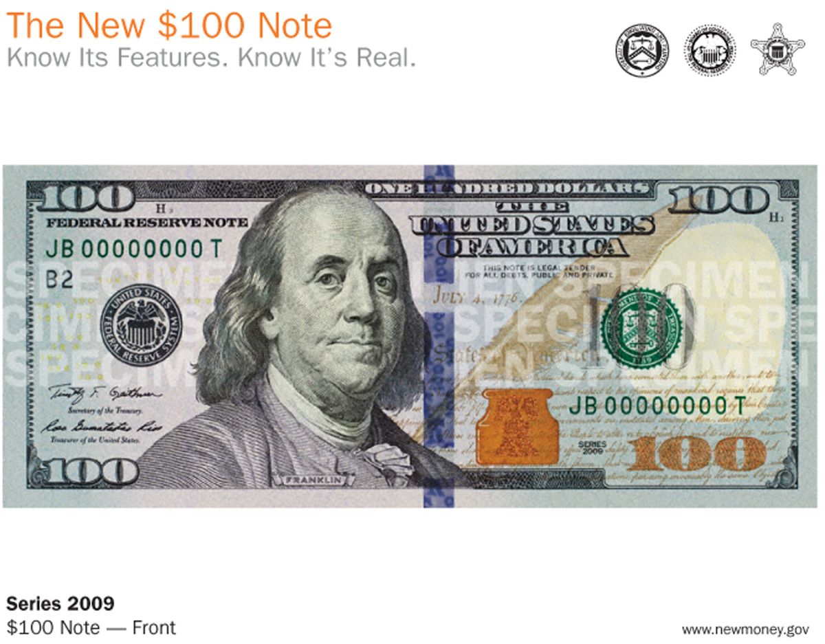 Security features include an inkwell next to Franklin’s image that changes color.